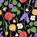 Motley seamless pattern with romantic blooming flowers on black background - iris, snowdrop, tulip, crocus. Hand drawn