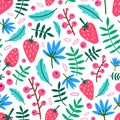 Motley seamless pattern with summer strawberries, flowers and leaves on white background. Botanical backdrop with ripe Royalty Free Stock Photo