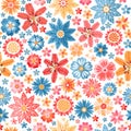 Motley summer print for fabric with embroidered satin stitch flowers on a white background. Seamless floral ornament. Vector