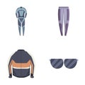 Moto accessory icons set cartoon vector. Moto riding suit and protective gear Royalty Free Stock Photo