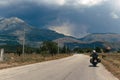 Moto Biker, drive a motorcycle, summer adventure, travel to Europe, active lifestyle, vacation concept Magliano de Marsi, on