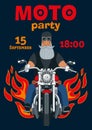 Moto party poster. Bearded funny biker frontal