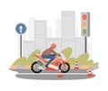 Moto school vector flat illustration. Man riding on motorbike, learn rules to pass driving exams.