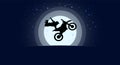 Moto stuntman does a trick in flight, against the backdrop of a full moon and starry sky, vector illustration.