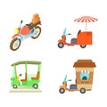 Motobike icon set, cartoon style