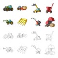 Motoblock and other agricultural devices. Agricultural machinery set collection icons in cartoon,outline style vector