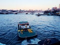 Motoboat boat trip water river city centre London construction architecture Royalty Free Stock Photo