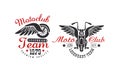 Motoclub Team Premium Quality Retro Logo Templates Set with Classic Motorcycle and Wings Vector Illustration