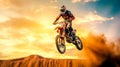 motocross action, biker jumps on a dune in the desert on a supercross, made with Generative AI