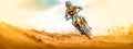 motocross, biker on a dune in the desert, banner with copy space made with Generative AI