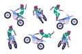 Motocross biker. Freestyle jumpers on sport bike free run agressive style exact vector motocross illustration in cartoon Royalty Free Stock Photo