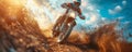 Motocross biker jumping on a dusty track Royalty Free Stock Photo