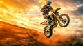 motocross, biker jumps on a dune in the desert at sunset, copy space made with Generative AI Royalty Free Stock Photo