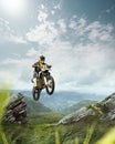 Motocross competition. Man, motorcycle rider in full moto equipment riding hills, jumping with enduro bike. 3D render Royalty Free Stock Photo