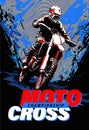 Motocross competition poster with motocross rider on dirt track, grunge background, halftone effect.