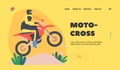 Motocross Landing Page Template. Man Motorcycle Rider Extreme Activity, Competition. Speed Racing Rally, Biker Character