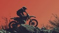 Motocross. Man, professional motorcyclist in full moto equipment riding crops enduro bike on mountain road at sunset