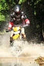 Motocross men, Enduro ride through water splashing in canals,