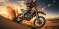 A motorcycle racer rides along a sandy road in the desert. Generative AI Royalty Free Stock Photo