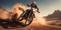 A motorcycle racer rides along a sandy road in the desert. Generative AI Royalty Free Stock Photo