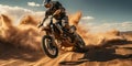 A motorcycle racer rides along a sandy road in the desert. Generative AI Royalty Free Stock Photo