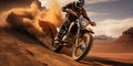 A motorcycle racer rides along a sandy road in the desert. Generative AI Royalty Free Stock Photo