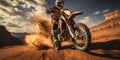 A motorcycle racer rides along a sandy road in the desert. Generative AI Royalty Free Stock Photo