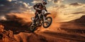 A motorcycle racer rides along a sandy road in the desert. Generative AI Royalty Free Stock Photo