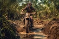 Motocross in mud cloud with forest on background. Biker rider in action. Generative AI