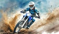 A motocross rider in blue gear, white helmet, rides a blue bike, kicking up dirt under a clear sky. Action-packed Royalty Free Stock Photo