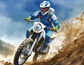 A motocross rider in blue gear, white helmet, rides a blue bike, kicking up dirt under a clear sky. Action-packed Royalty Free Stock Photo