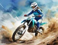 A motocross rider in blue gear, white helmet, rides a blue bike, kicking up dirt under a clear sky. Action-packed Royalty Free Stock Photo