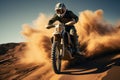 Motocross rider on a desert race, extreme sport, rear view Royalty Free Stock Photo