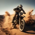Motocross rider on a desert race, extreme sport, rear view