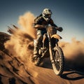 Motocross rider on a desert race, extreme sport, rear view