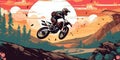 Racer on a motorcycle does a stunt jump. Supercross, motocross, high speed. Sports concept. Digital art. comic book style AI