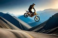 A motocross rider mid-jump, silhouetted against a bright blue sky, with dirt flying from their tires Royalty Free Stock Photo