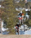 Motocross rider on a motorcycle on the race track in the city of Noyabrsk, Yamalo-Nenets Autonomous District Royalty Free Stock Photo