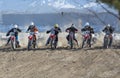 Motocross rider on a motorcycle on the race track in winter in the city of Noyabrsk, Yamalo-Nenets Autonomous District Royalty Free Stock Photo