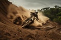 Motor bike roaring down dirt trail, kicking up dust and debris. Generative AI