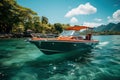 A motor boat with a canopy floats along the tropical shore. Exotic landscape. AI generation Royalty Free Stock Photo