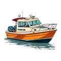 Motor boat for divers or fishermen. Small tourist excursion boat. Cartoon vector illustration. label, sticker, t-shirt printing Royalty Free Stock Photo