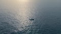 Motor boat floating sea shiny day aerial view. Ship sailing at marine landscape Royalty Free Stock Photo