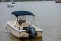 Motor boat floats on the river