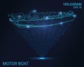 Motor boat hologram. Holographic projection of the boat. A flickering energy stream of particles. Research design a motor boat