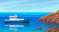 Motor boat sailing along seashore. Sailboat, modern sea tug on open ocean. Scenery on sea and ship Royalty Free Stock Photo