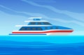 Motor boat sailing along seashore. Sailboat, modern yacht on open ocean. Scenery on sea and ship