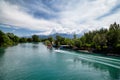 Motor boat in Skadar Lake beautiful scenic coast panorama