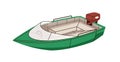 Motor boat, water transport. Small motorboat, plastic lifeboat. Sea and river vessel with seats, engine. Powerboat