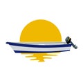 Motor boat on yellow sun background with glares in sea water relax meditation concept